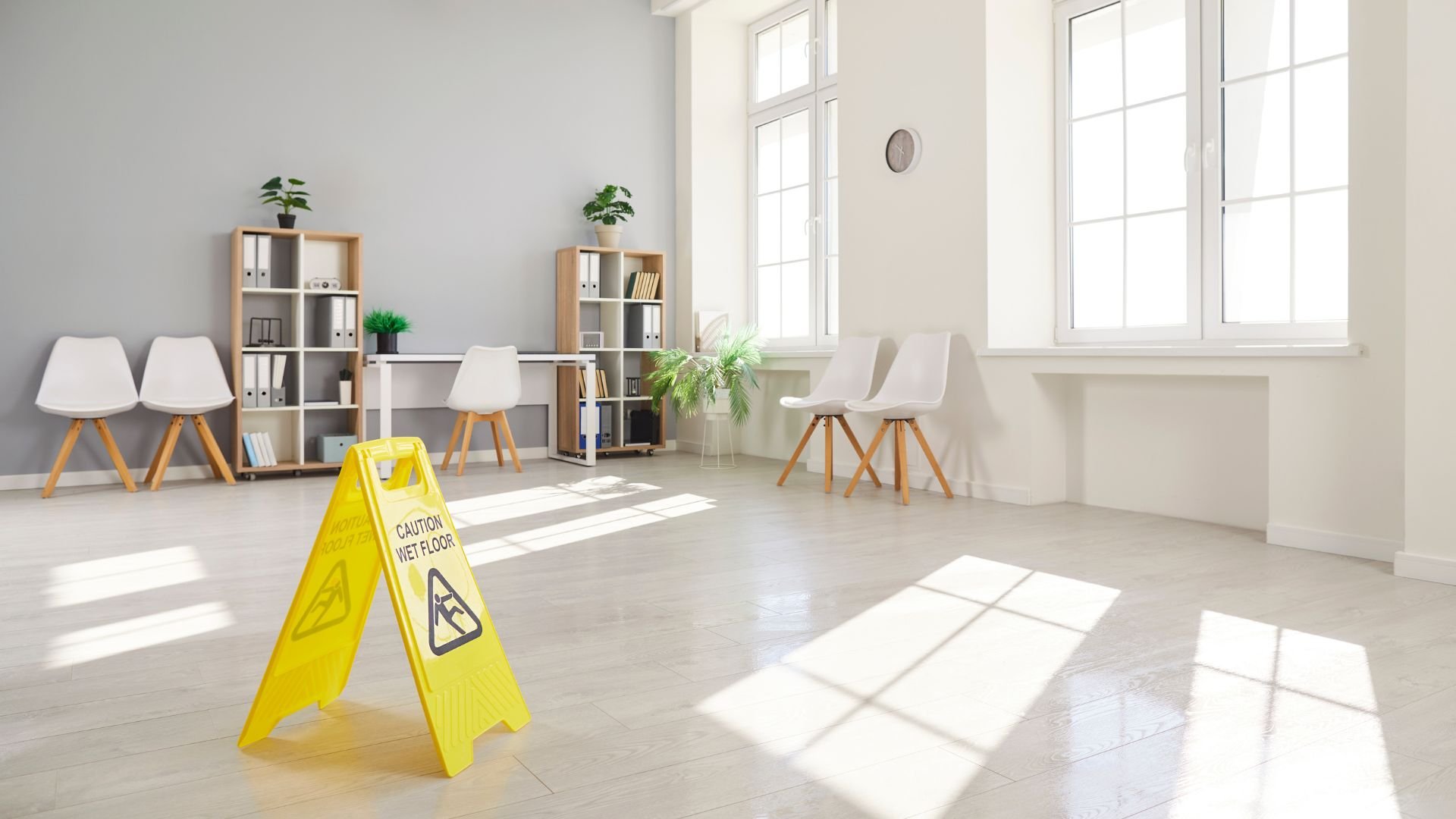 Bright office interior with yellow wet floor caution sign and white chairs
